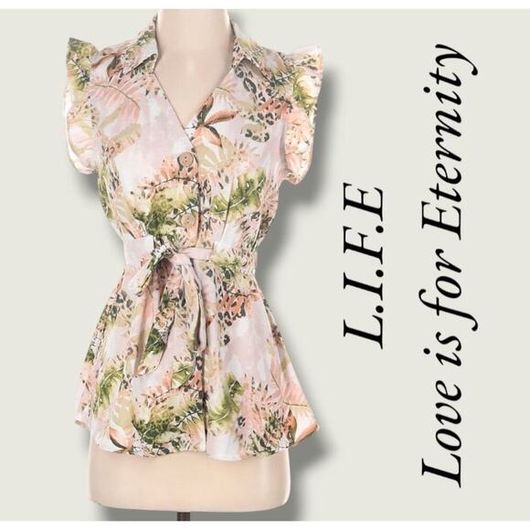 L.I.F.E. Love Is For Eternity Women’s Tropical Leaf Button Front Tie Blouse Sz L - Picture 7 of 7